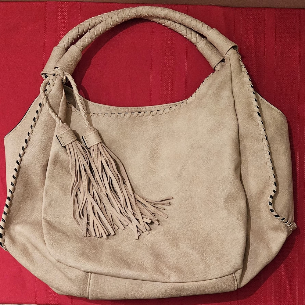 Sondra Roberts Cream Satchel with Braided Handle. Vegan